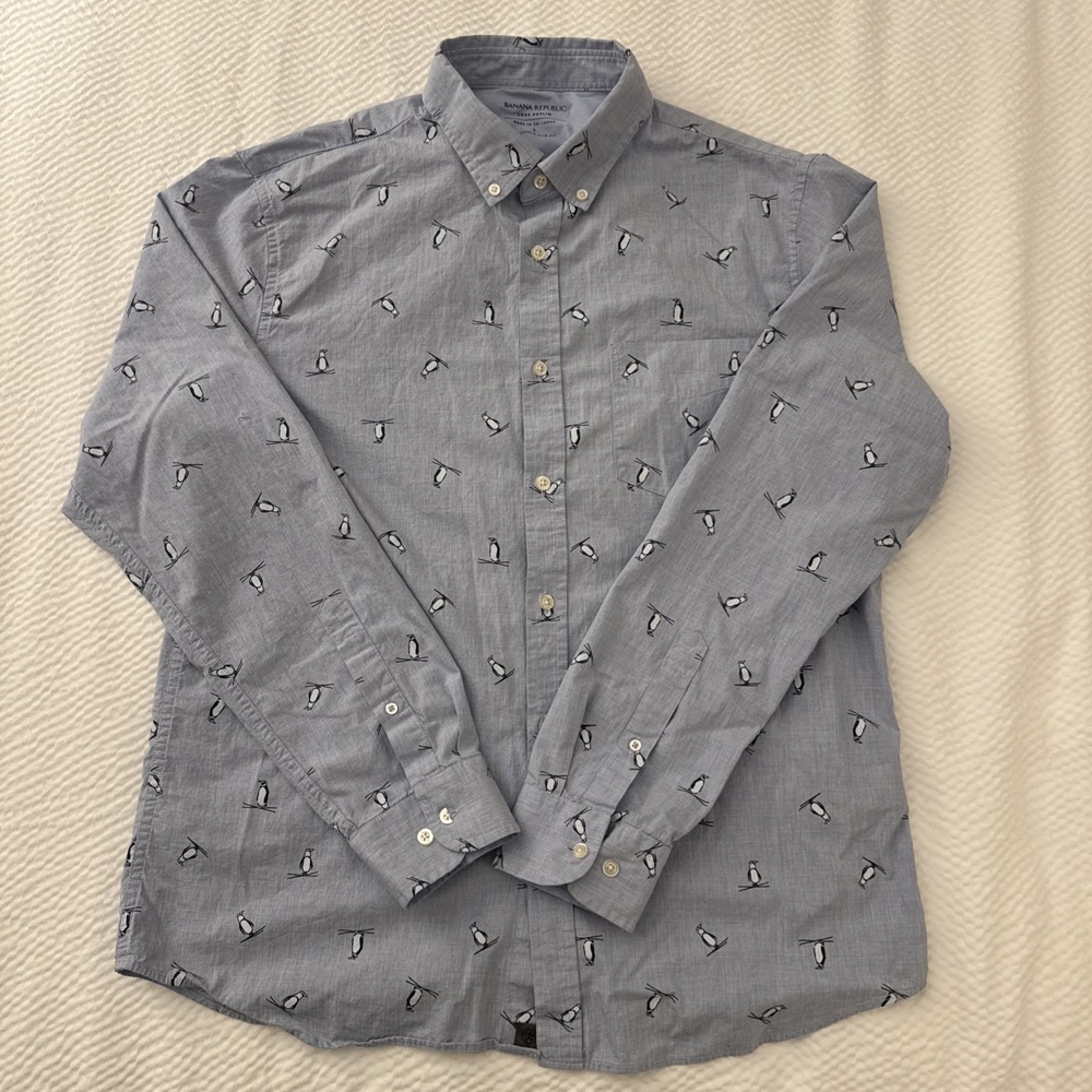 Penguin Skiing Banana Republic Luxe Poplin Shirt Mens Large Blue Untucked Slim
